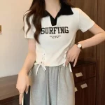 여성 의류 여름 한국 패션 단순 올 매치 편지 솔리드 컬러 폴로 칼라 Femme Thin Slim Short Sleeve Top - 이미지 5