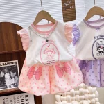 Sanrio Kuromi 어린이 야외 사진 정장 카와이 티셔츠 + 반바지 운동복 여름 소녀 잠옷 어린이 날 선물 - 이미지 4
