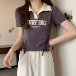 여성 의류 여름 한국 패션 단순 올 매치 편지 솔리드 컬러 폴로 칼라 Femme Thin Slim Short Sleeve Top - 이미지 4