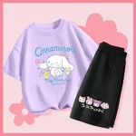 산리오 여름 아기 여자아이 옷 세트 키즈 여아 시나모롤 2피스 의상 아동 반팔 티셔츠 상의 및 반바지 세트 - 이미지 3