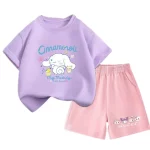 산리오 여름 아기 여자아이 옷 세트 키즈 여아 시나모롤 2피스 의상 아동 반팔 티셔츠 상의 및 반바지 세트 - 이미지 2