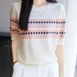 25 새로운 여름 모직 파인 스피닝 티셔츠 오-넥 꽃 반팔 여성 고급 티셔츠 패션 쿨 티셔츠 편안한