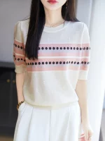 25 새로운 여름 모직 파인 스피닝 티셔츠 오-넥 꽃 반팔 여성 고급 티셔츠 패션 쿨 티셔츠 편안한