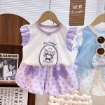 Sanrio Kuromi 어린이 야외 사진 정장 카와이 티셔츠 + 반바지 운동복 여름 소녀 잠옷 어린이 날 선물 - 이미지 2
