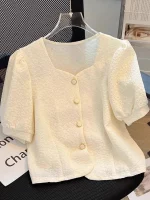 프렌치 스타일 루즈핏 반소매 스퀘어 칼라 오픈 가디건 여성 티셔츠 짧은 길이 탑 버블 슬리브 얇은 소재 - 이미지 3