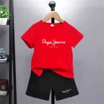 어린이 티셔츠 브랜드 편지 인쇄 소녀 소년 연령 3-12 티셔츠 + 반바지 세트 어린이 캐주얼 티셔츠 여름 옷 검정색 반팔 - 이미지 4