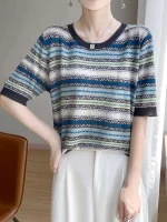 2025 신상 여름 반팔 O넥 티셔츠 스트라이프 쿨 티셔츠 여성 고급 티셔츠 패션 편안한 레저 티셔츠 탑 - 이미지 3