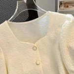 프렌치 스타일 루즈핏 반소매 스퀘어 칼라 오픈 가디건 여성 티셔츠 짧은 길이 탑 버블 슬리브 얇은 소재