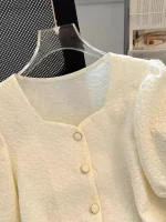 프렌치 스타일 루즈핏 반소매 스퀘어 칼라 오픈 가디건 여성 티셔츠 짧은 길이 탑 버블 슬리브 얇은 소재