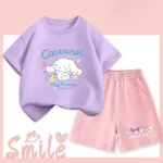 산리오 여름 아기 여자아이 옷 세트 키즈 여아 시나모롤 2피스 의상 아동 반팔 티셔츠 상의 및 반바지 세트