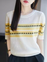 25 새로운 여름 모직 파인 스피닝 티셔츠 오-넥 꽃 반팔 여성 고급 티셔츠 패션 쿨 티셔츠 편안한 - 이미지 4