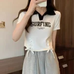 여성 의류 여름 한국 패션 단순 올 매치 편지 솔리드 컬러 폴로 칼라 Femme Thin Slim Short Sleeve Top - 이미지 6