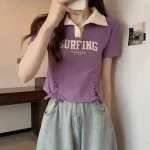 여성 의류 여름 한국 패션 단순 올 매치 편지 솔리드 컬러 폴로 칼라 Femme Thin Slim Short Sleeve Top