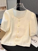 프렌치 스타일 루즈핏 반소매 스퀘어 칼라 오픈 가디건 여성 티셔츠 짧은 길이 탑 버블 슬리브 얇은 소재 - 이미지 2