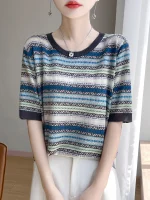 2025 신상 여름 반팔 O넥 티셔츠 스트라이프 쿨 티셔츠 여성 고급 티셔츠 패션 편안한 레저 티셔츠 탑