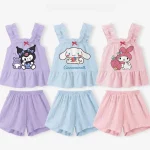 Sanrio Cinnamoroll Kuromi 어린이 소녀 의류 세트 만화 면화 소녀 귀여운 애니메이션 만화 프린트 캐미솔 탑 + 반바지 - 이미지 3