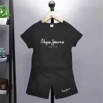 어린이 티셔츠 브랜드 편지 인쇄 소녀 소년 연령 3-12 티셔츠 + 반바지 세트 어린이 캐주얼 티셔츠 여름 옷 검정색 반팔