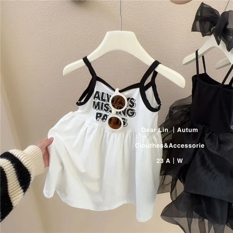 kf-S05a7c960e84d479db2c9daa7d5fbdf00t 여자 여름 서스펜더 드레스 2024 아기 소녀 달콤하고 귀여운 공주 드레스 어린 소녀 민소매 얼음 실크 스커트 - 이미지 1