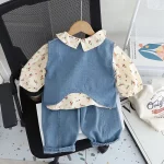 여아용 면 소재 정장 3종 세트 (1-5세) 데님 조끼, 꽃무늬 탑, 와이드 레그 청바지, 귀엽고 캐주얼한 여아 의류 - 이미지 3