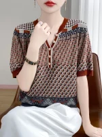 2025 신상 빅사이즈 여름 반팔 가위넥 티셔츠 여성 고급 티셔츠 패션 편안한 레저 티셔츠 탑 - 이미지 3