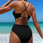 섹시한 블랙 늑골이있는 등이없는 수영복 원피스 수영복 여자 2025 문자열 크로스 수영복 수영복 Bathers Bodysuit - 이미지 2