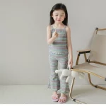 여름 한국 스타일 유행 서양식 세트 얼음 실크 얇은 스타일 어린이 줄무늬 스트랩 탱크 탑 Bellbottom 바지 세트 - 이미지 4