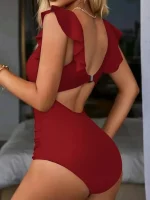 대비 메쉬 원피스 수영복, V 넥 솔리드 컬러 등이 없는 배 컨트롤 하이 컷 수영복, 여성용 수영복 및 의류 - 이미지 3