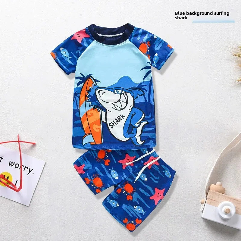 kf-S35105f6a3e7c457b860ae30f5aaca8d83 공장 직접 소년 수영복 여름 짧은 소매 만화 2024 소년 어린이 투피스 양복 수영 모자 수영 팬티 - 이미지 1