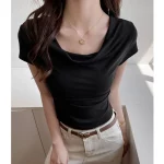 여름 짧은 소매 티셔츠 여성 사이드 플리츠 슬림 피트 오프 숄더 넥 크롭 탑 - 이미지 3