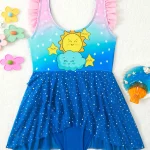 2025 소녀 프린트 프릴 수영복 원피스 키즈 비치 드레스 Strappy 수영복 어린이 수영 수영복 수영복 Beachwear