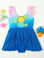 2025 소녀 프린트 프릴 수영복 원피스 키즈 비치 드레스 Strappy 수영복 어린이 수영 수영복 수영복 Beachwear