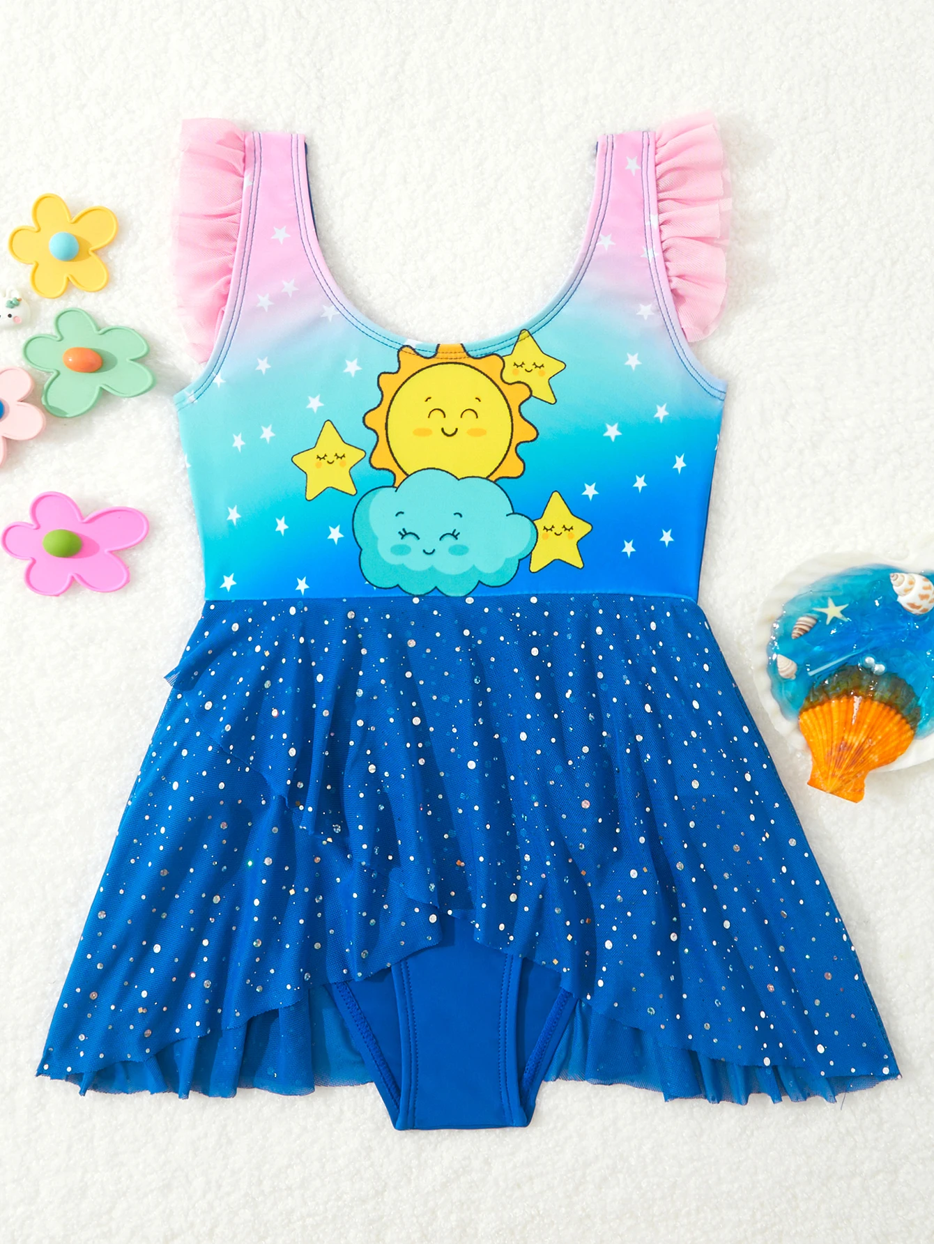 kf-S40061b7d8a3049b9b335329d9f950560A 2025 소녀 프린트 프릴 수영복 원피스 키즈 비치 드레스 Strappy 수영복 어린이 수영 수영복 수영복 Beachwear - 이미지 1