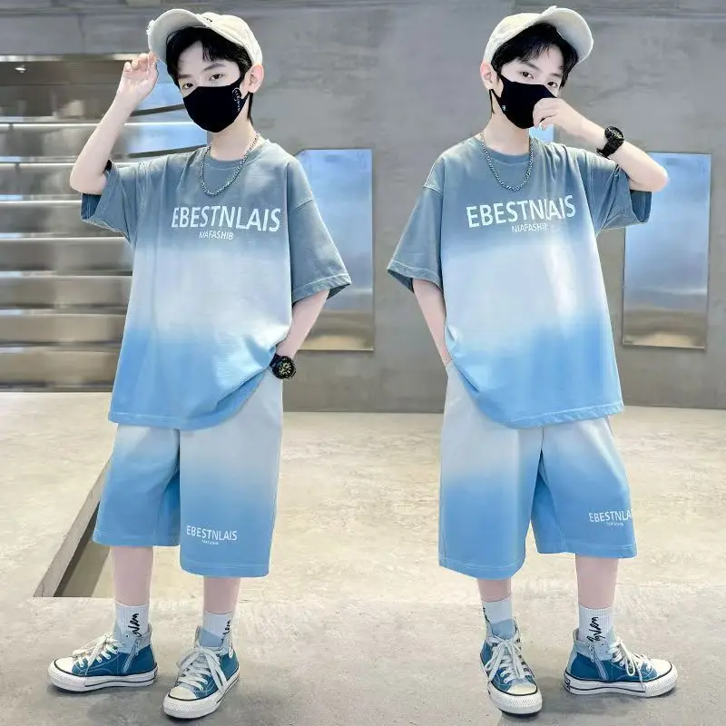 kf-S4064a05c705e4da1ac74c76f31cbf49dR 2025년 여름 10대 남아 의류 세트 아동 레터링 트레이닝복 유아 티셔츠 상의 + 루즈핏 하의 반바지 바지 4 8 10 12 14세 - 이미지 1