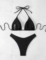 여성용 섹시한 심플 비키니 세트, 단색, 화이트, 블랙, 커피 홀터 비키니 수영복, 레이스업, 브라질 해변 목욕 세트, 2025 신상 - 이미지 2