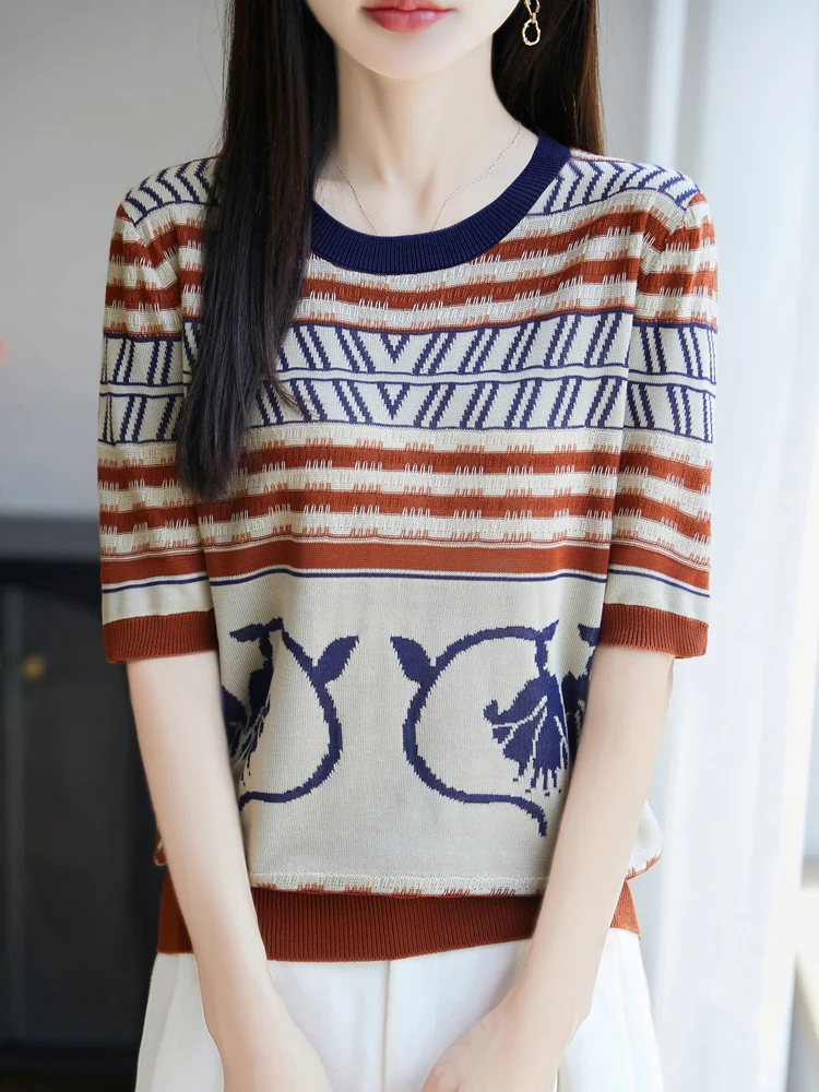 kf-S46eba3f273e646e5bc986f86dee177adI 2025New 여름 반팔 오목 티셔츠 자카드 티셔츠 여성 고급 티셔츠 패션 편안한 레저 티셔츠 탑 - 이미지 1