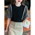 여성용 페이크 투피스 스트라이프 패치워크 풀오버 티, 퍼프 하프 T 슬리브, 루즈 올 매치 탑, 여성 티셔츠, 여름 캐주얼 패션 - 이미지 5