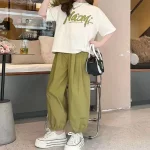 2025년 여름 아동복 여아 트레이닝복 레터 티셔츠 + 그린 스포츠 발목 묶음 바지 키즈/청소년 5 6 7 8 9 10 11 12세 - 이미지 6