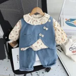 여아용 면 소재 정장 3종 세트 (1-5세) 데님 조끼, 꽃무늬 탑, 와이드 레그 청바지, 귀엽고 캐주얼한 여아 의류 - 이미지 2