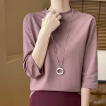 여름 가을 새로운 코튼 크로프트 슬리브 티셔츠 여성 세미 하이 넥 티셔츠 루즈 슬리브 바닥 셔츠 내부 탑 포함 - 이미지 5