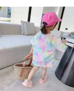 여름 짧은 소매 티셔츠 소녀 아기 중소 어린이 여성 염색 탑 아동 의류 유행 - 이미지 3