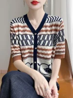 25 뉴 여름 짧은 소매 Lyocell 가짜 카디건 v 넥 쿨 티셔츠 여성 고급 티셔츠 패션 편안한 레저 티셔츠 - 이미지 5