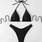 여성용 섹시한 심플 비키니 세트, 단색, 화이트, 블랙, 커피 홀터 비키니 수영복, 레이스업, 브라질 해변 목욕 세트, 2025 신상