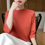 여름 가을 새로운 코튼 크로프트 슬리브 티셔츠 여성 세미 하이 넥 티셔츠 루즈 슬리브 바닥 셔츠 내부 탑 포함 - 이미지 2