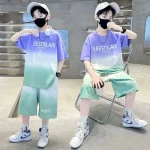 2025년 여름 10대 남아 의류 세트 아동 레터링 트레이닝복 유아 티셔츠 상의 + 루즈핏 하의 반바지 바지 4 8 10 12 14세 - 이미지 5