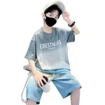 2025년 여름 10대 남아 의류 세트 아동 레터링 트레이닝복 유아 티셔츠 상의 + 루즈핏 하의 반바지 바지 4 8 10 12 14세 - 이미지 4