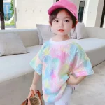 여름 짧은 소매 티셔츠 소녀 아기 중소 어린이 여성 염색 탑 아동 의류 유행