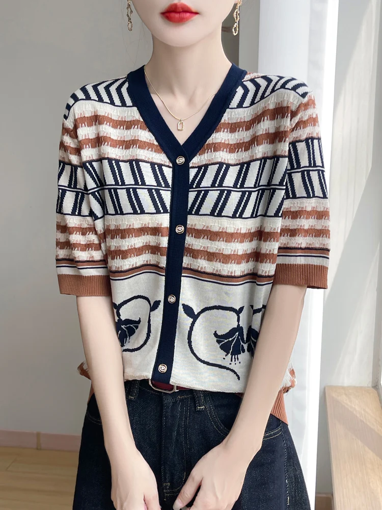 kf-S918394b07df443ae873317456a32ded2G 25 뉴 여름 짧은 소매 Lyocell 가짜 카디건 v 넥 쿨 티셔츠 여성 고급 티셔츠 패션 편안한 레저 티셔츠 - 이미지 1