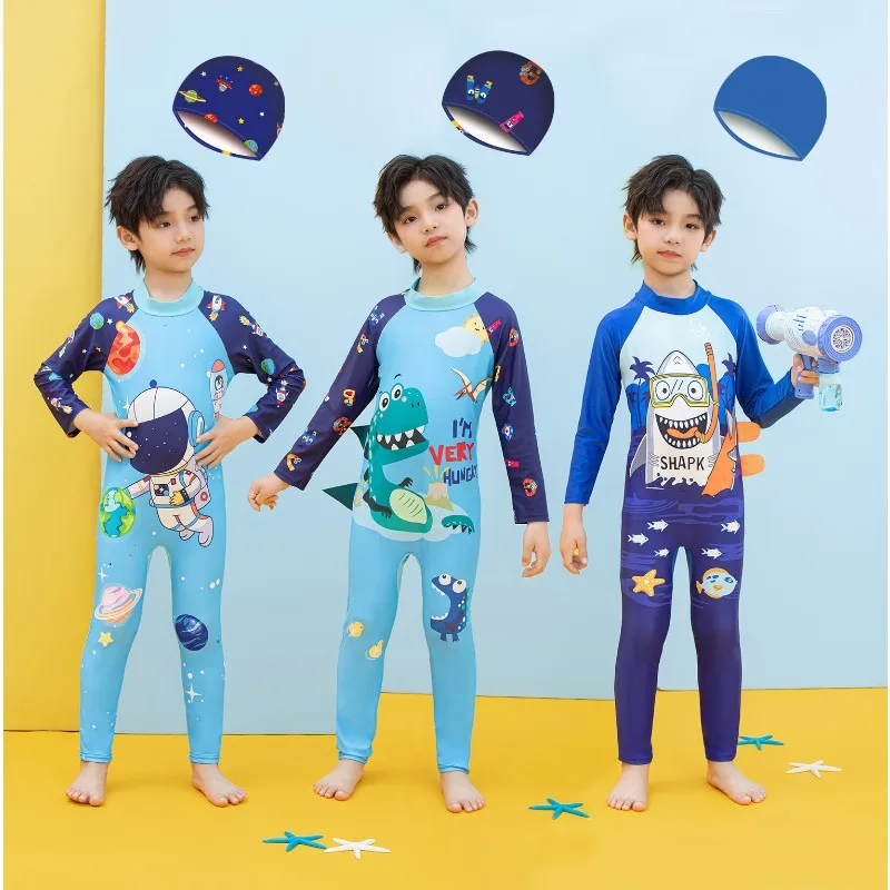 kf-S96bd06f52f3c4cb7bed71e8287b21742w 아이들을위한 귀여운 긴 소매 수영복 소년 수영복 비치 선 스크린 만화 수영복 수영 모자 어린이 서핑 슈트 - 이미지 1