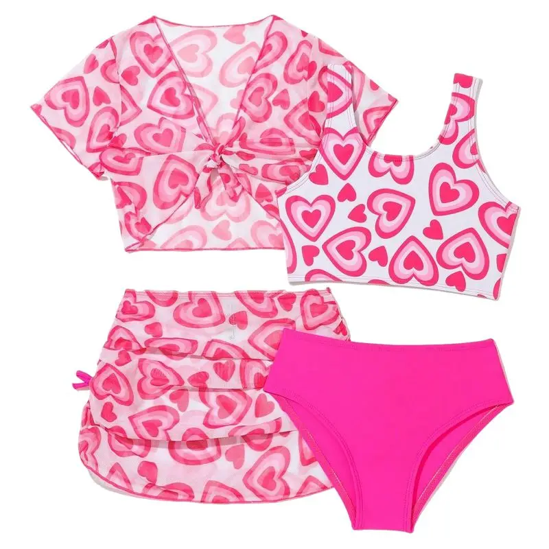 kf-Sa168eec752e241c0823b86ba5b3d77e5d 여자 4 팩 하트 프린트 비키니 세트 하이 웨이스트 수영복 어린이 여름 수영복 어린이 수영복 부드러운 통기성 비치웨어 - 이미지 1
