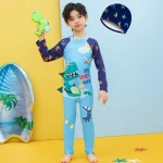 아이들을위한 귀여운 긴 소매 수영복 소년 수영복 비치 선 스크린 만화 수영복 수영 모자 어린이 서핑 슈트 - 이미지 2